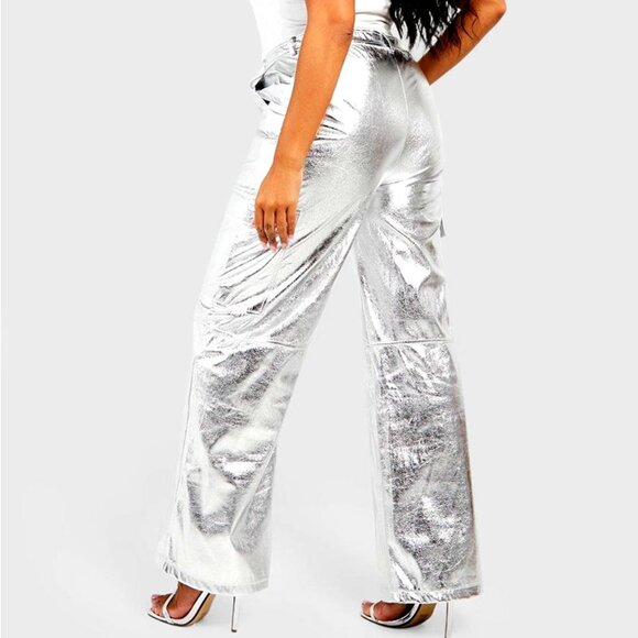 Festival Clubwear Vegan Silver Metallic Leather Wide Leg Cargo Style Pants - Picture 2 of 3